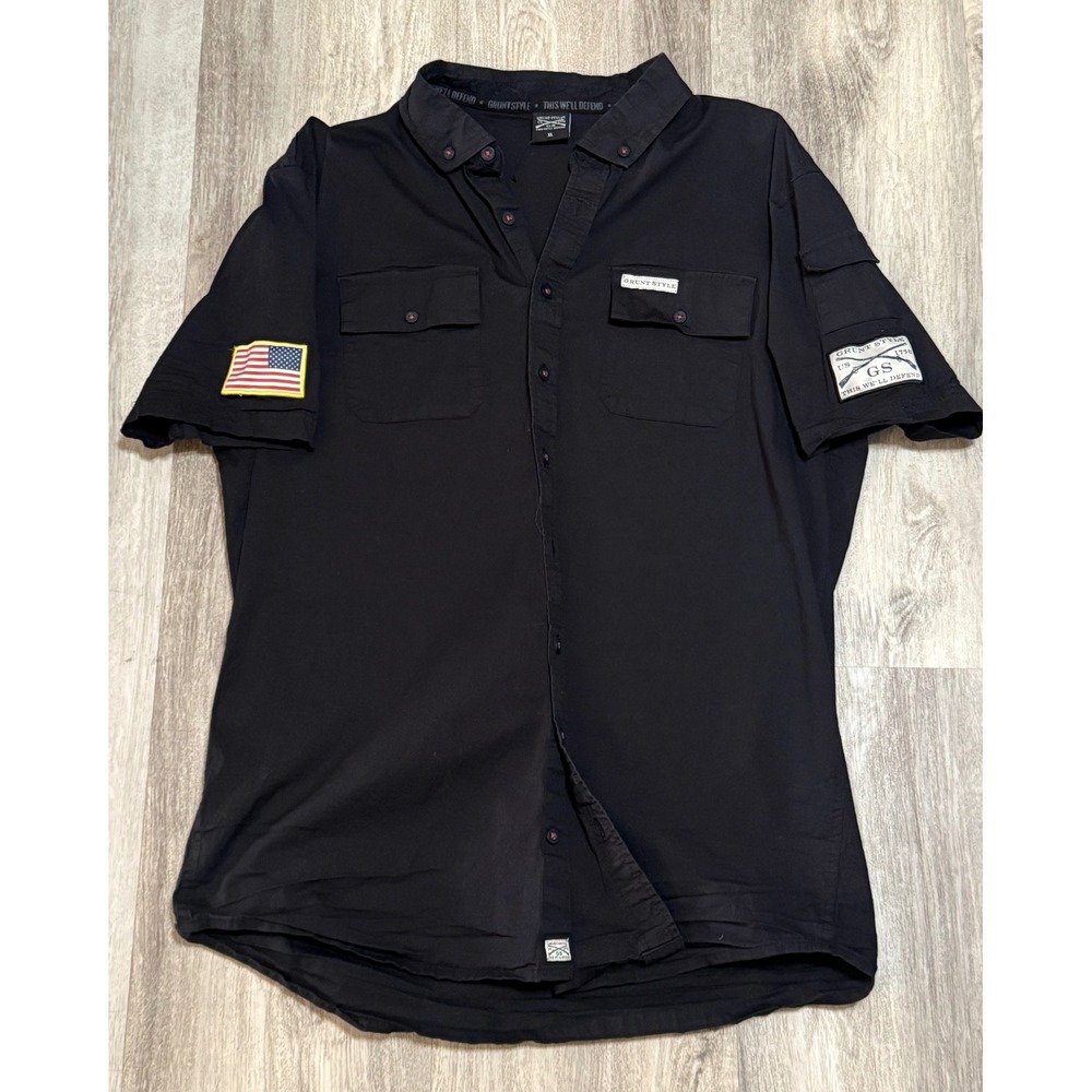 Grunt Style Mens‎ XL Black Button Up Short Sleeve Shirt Patches Military